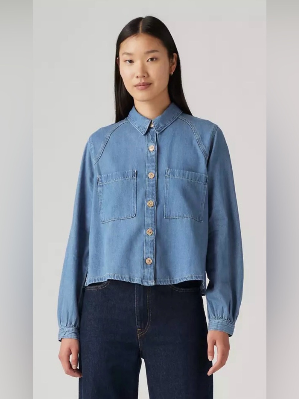 NWT Levi’s Tyla Denim Button-Up Shirt Jacket Voluminous Sleeves Medium Wash - Picture 3 of 7